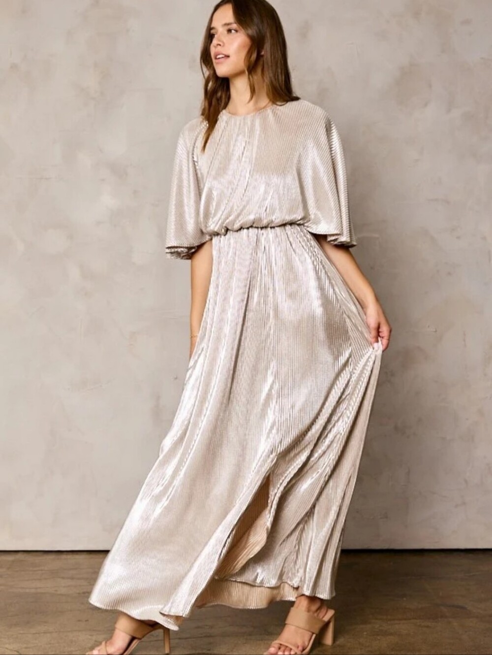 Celadon Cape Metallic Champaigne Pleated Maxi Dress with Front Slit